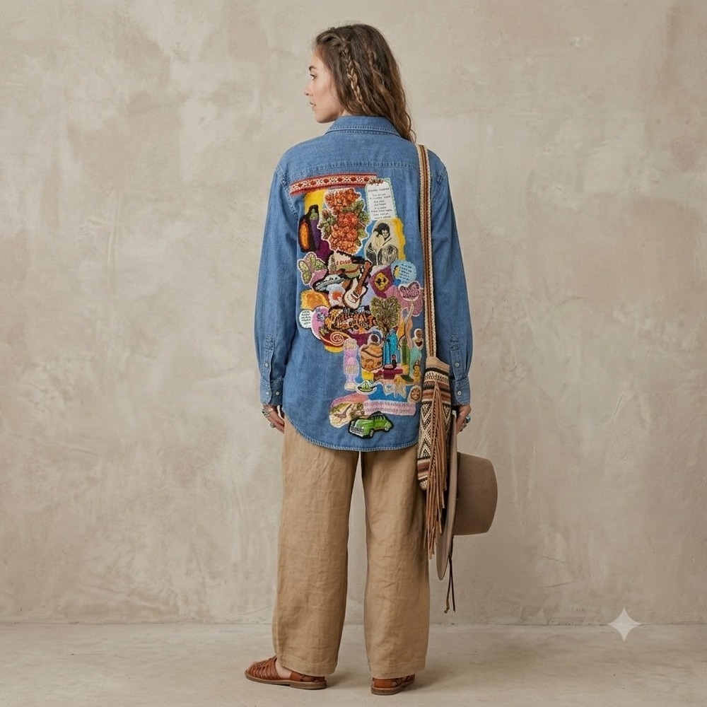 Quiltwearโ Harriton Denim Shirt Women 2XL Blue Upcycled Wearable Art Applique